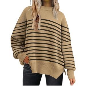 Oversized Batwing Crewneck Striped Sweater Tan Black M